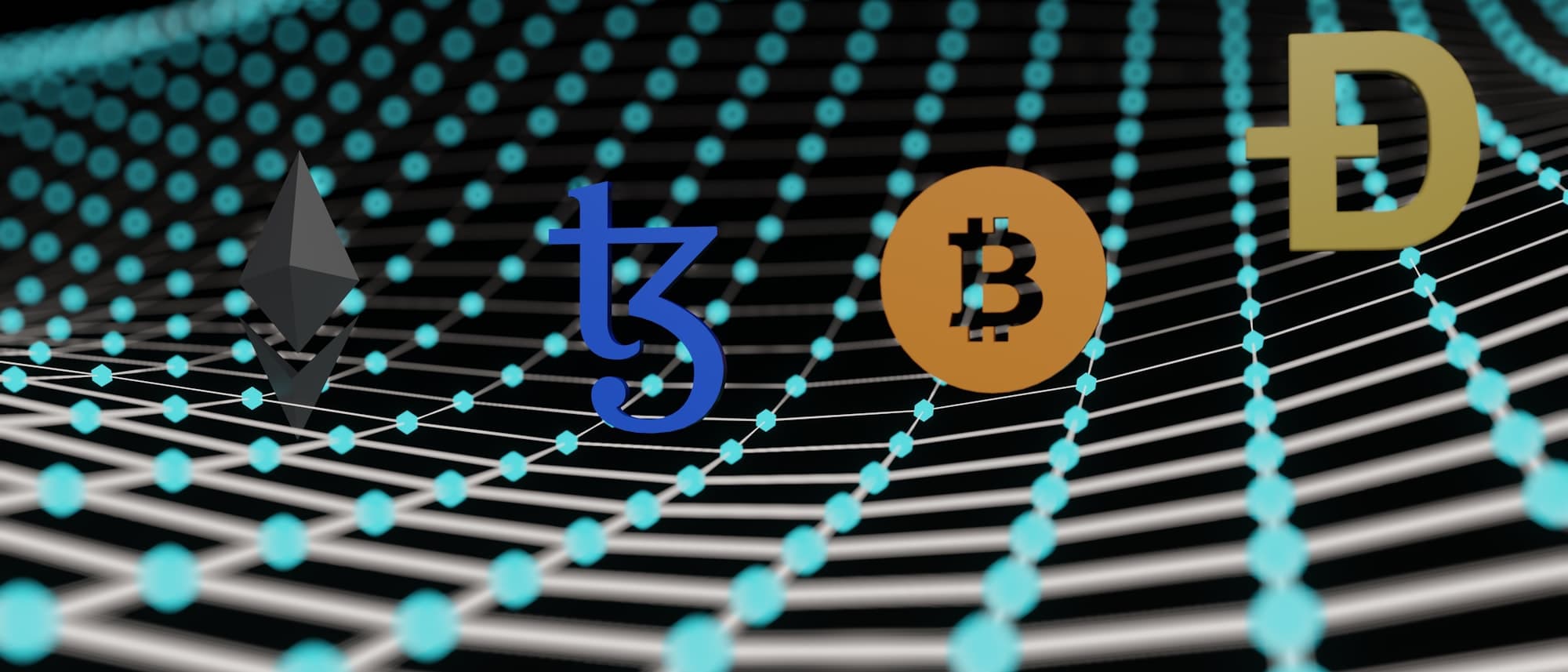 3D render of cryptocurrency symbols, including Bitcoin and Ethereum, on an abstract digital network grid